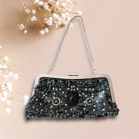 Handbags - Embellished Evening Beaded Clutch Bag with Chain Strap